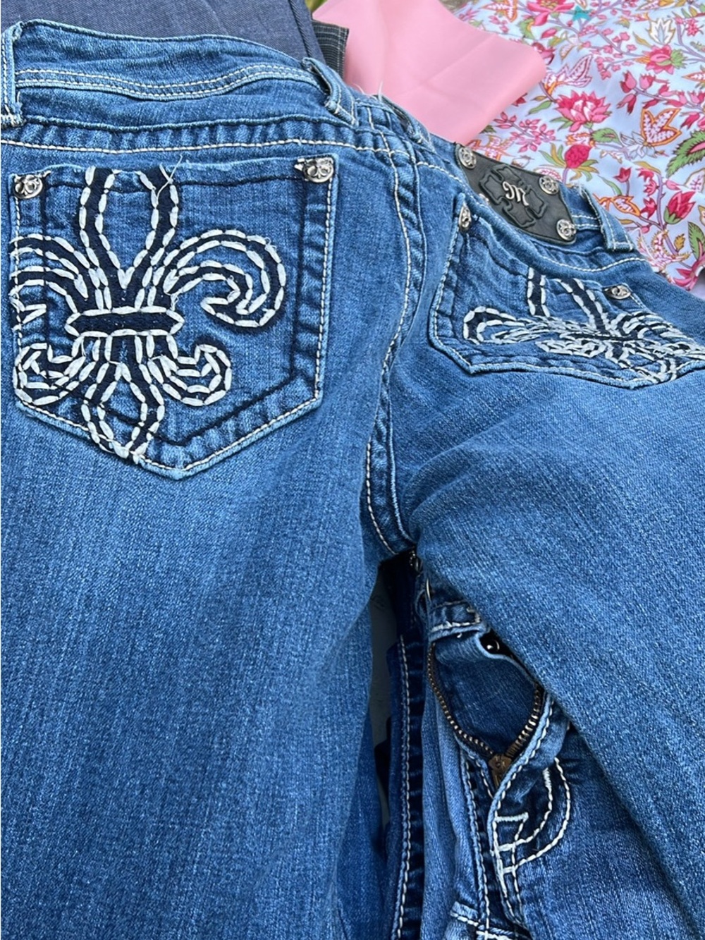 Miss Me Blue Boot Cut Jeans with White Embroidered Fleur-de-Lis
